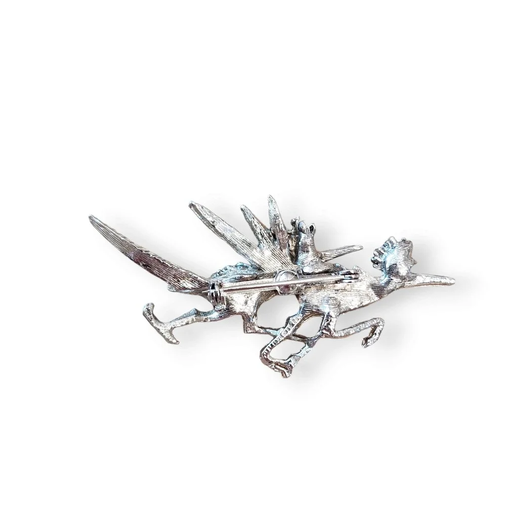 Vintage Roadrunner Brooch Silver Tone Metal Red Eyed Running Bird Vintage